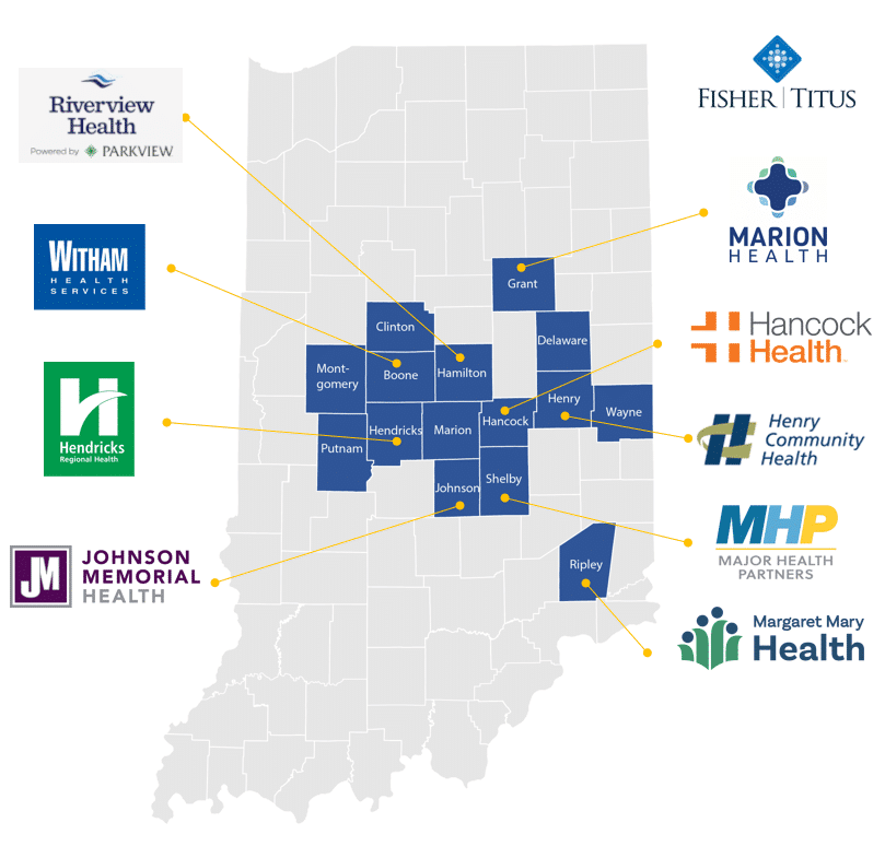 Map of hospital locations in the state of Indiana